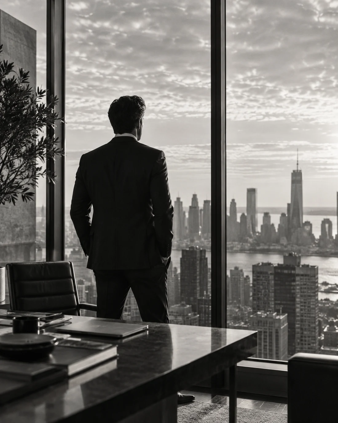 Profissional em um escritório contemporâneo com vista para a cidade